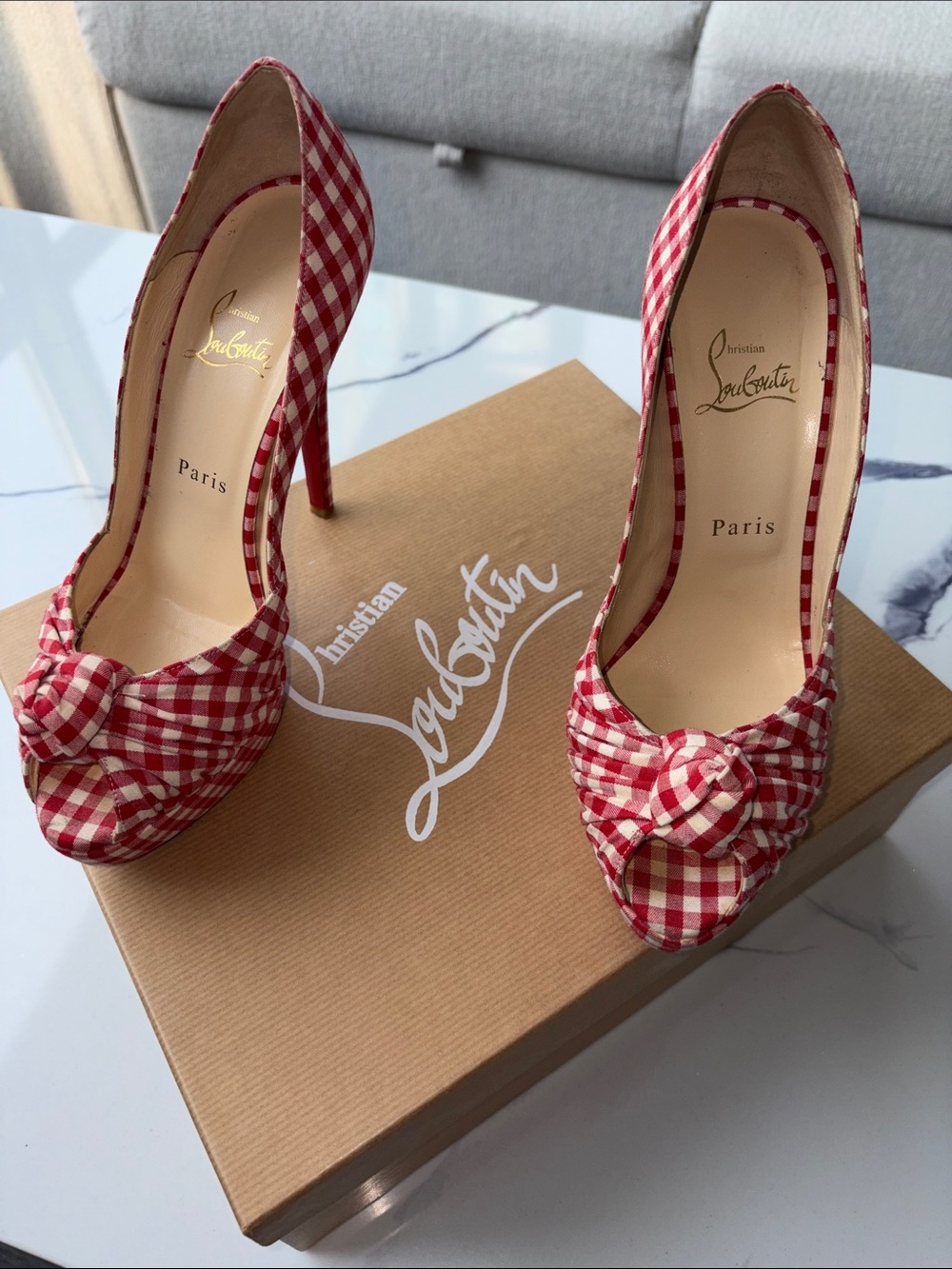 Christian Louboutin Red and White Gingham Peep-Toe Knot Pumps